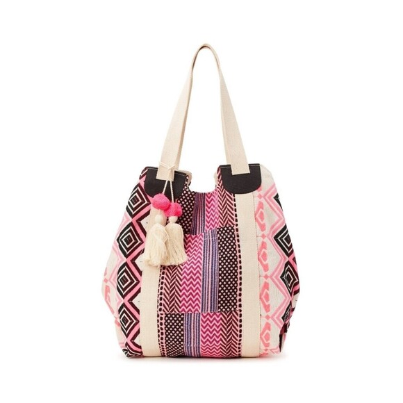 No Boundaries Handbags - Woven Boho Beach Tote Handbag w/ Tassel Large 19x19" Pink Cream No Boundaries